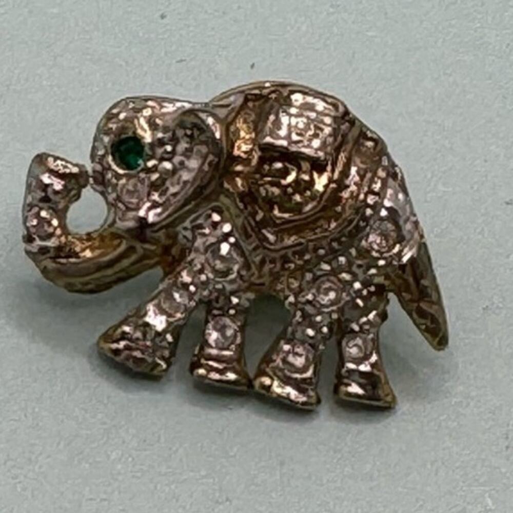 Vintage Elephant Brooch Pin Embellished Green Eye Rhinestones Gold tone Small